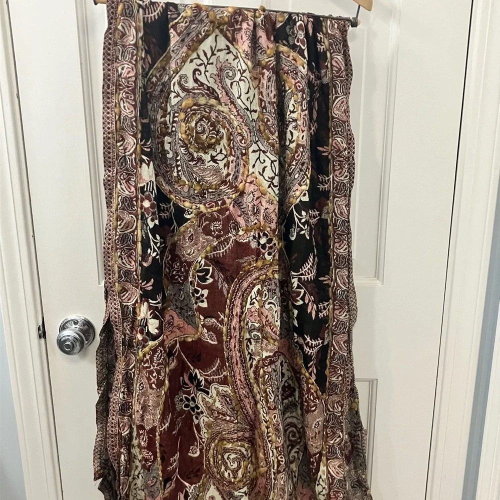 Raj Infinity Scarf Boho Brown Tan Maroon black paisley pattern reversable knit
